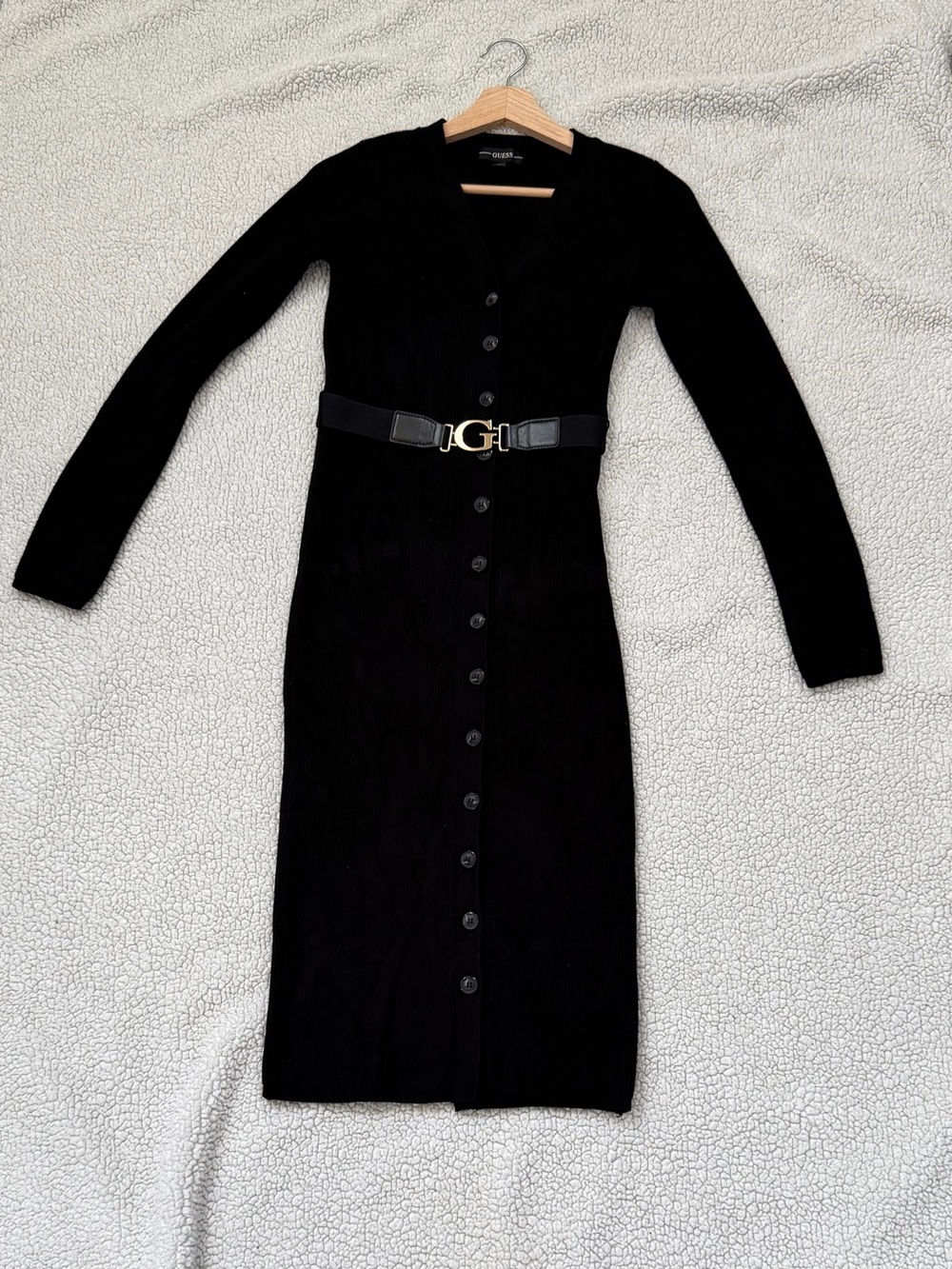 GUESS Black Ribbed Knit Belted Button Front Midi Dress Gold G Buckle Small